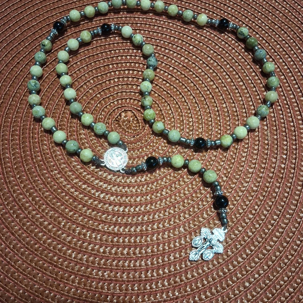 handcrafted yellow turquoise and black agate rosary